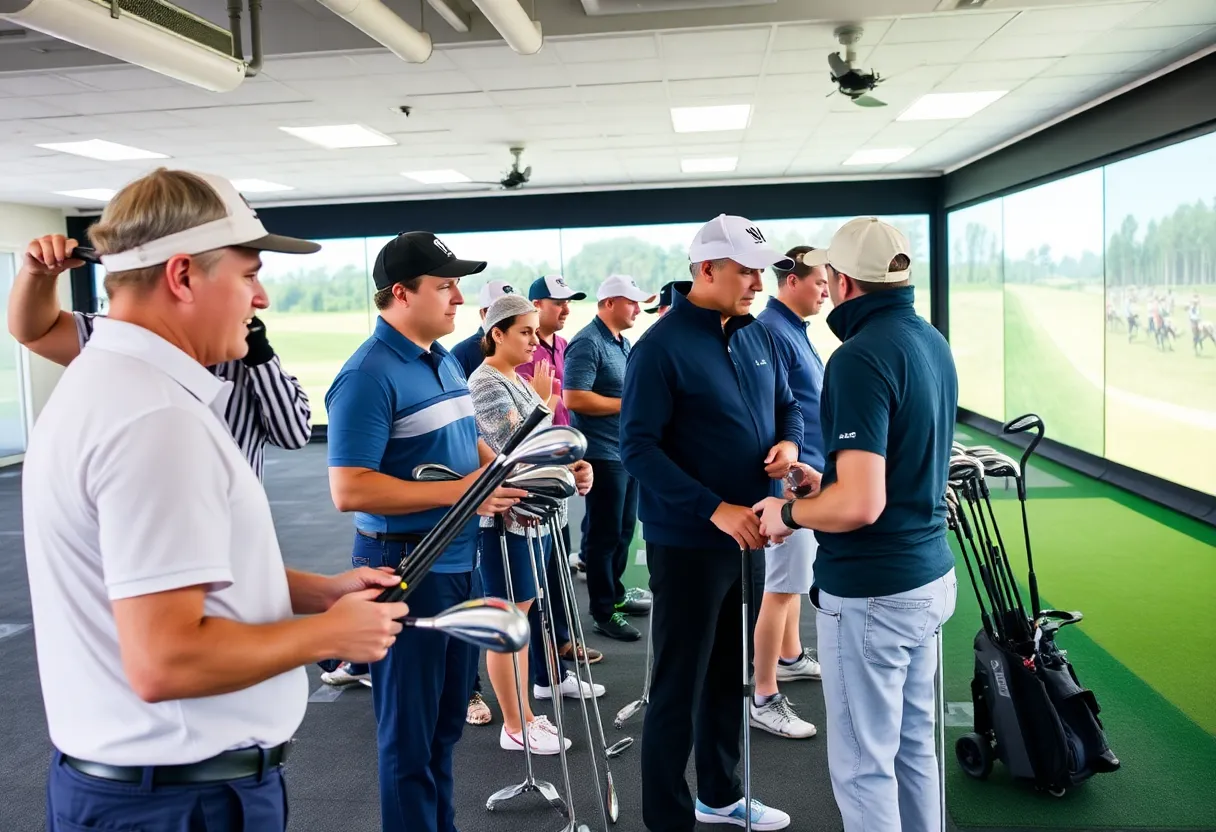 Golfers getting fitted in an indoor golf fitting center with advanced technology