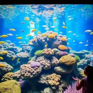 Underwater view of colorful coral reef and fish at the Florida Aquarium