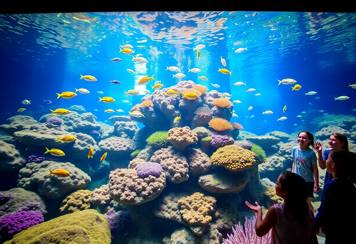 Underwater view of colorful coral reef and fish at the Florida Aquarium