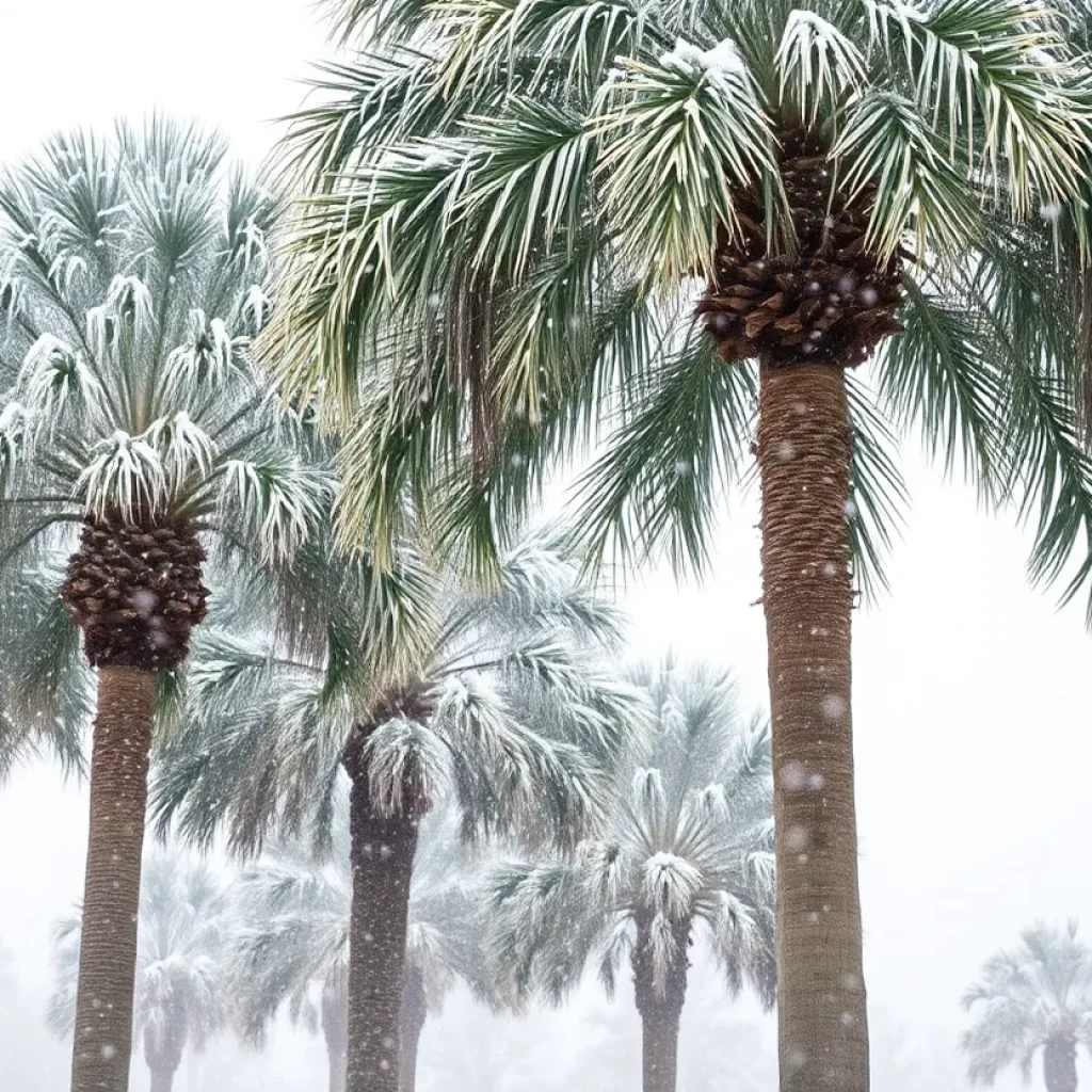 Palms covered in snow in a Florida winter scene