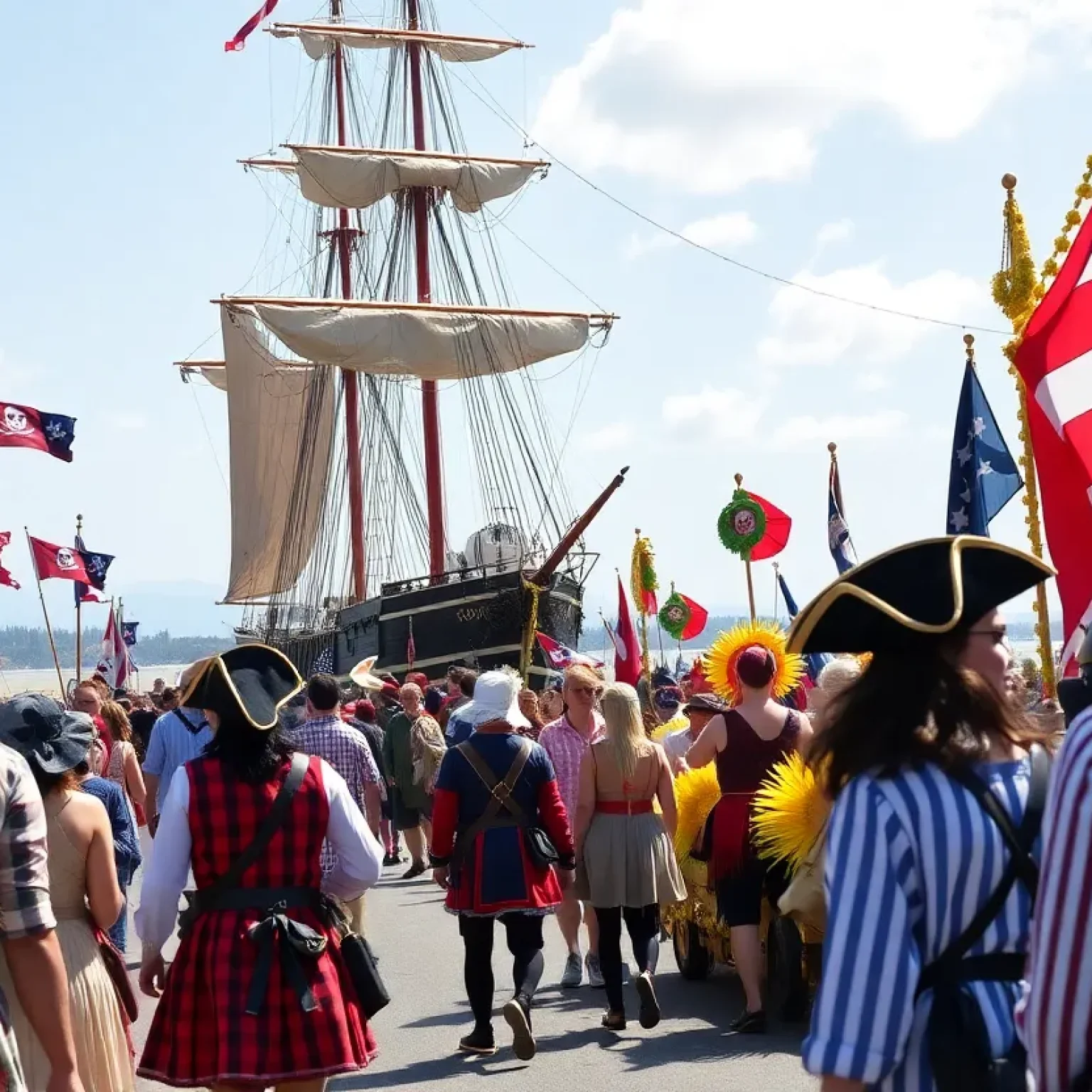 Crowd celebrating at the Gasparilla Pirate Fest with pirate costumes and floats.