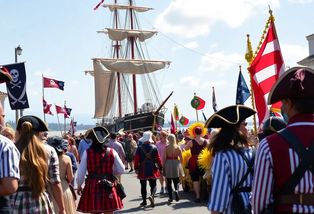 Crowd celebrating at the Gasparilla Pirate Fest with pirate costumes and floats.