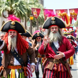 A vibrant Gasparilla Pirate Fest parade in Tampa, showcasing pirates and colorful floats.