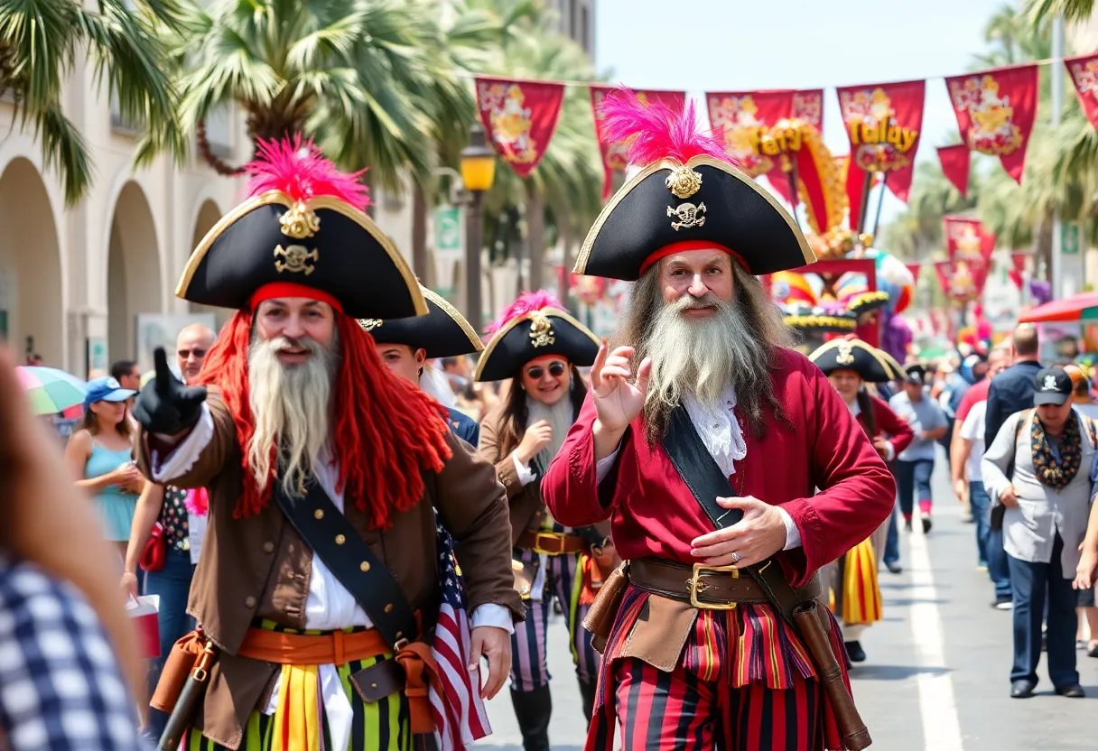 A vibrant Gasparilla Pirate Fest parade in Tampa, showcasing pirates and colorful floats.