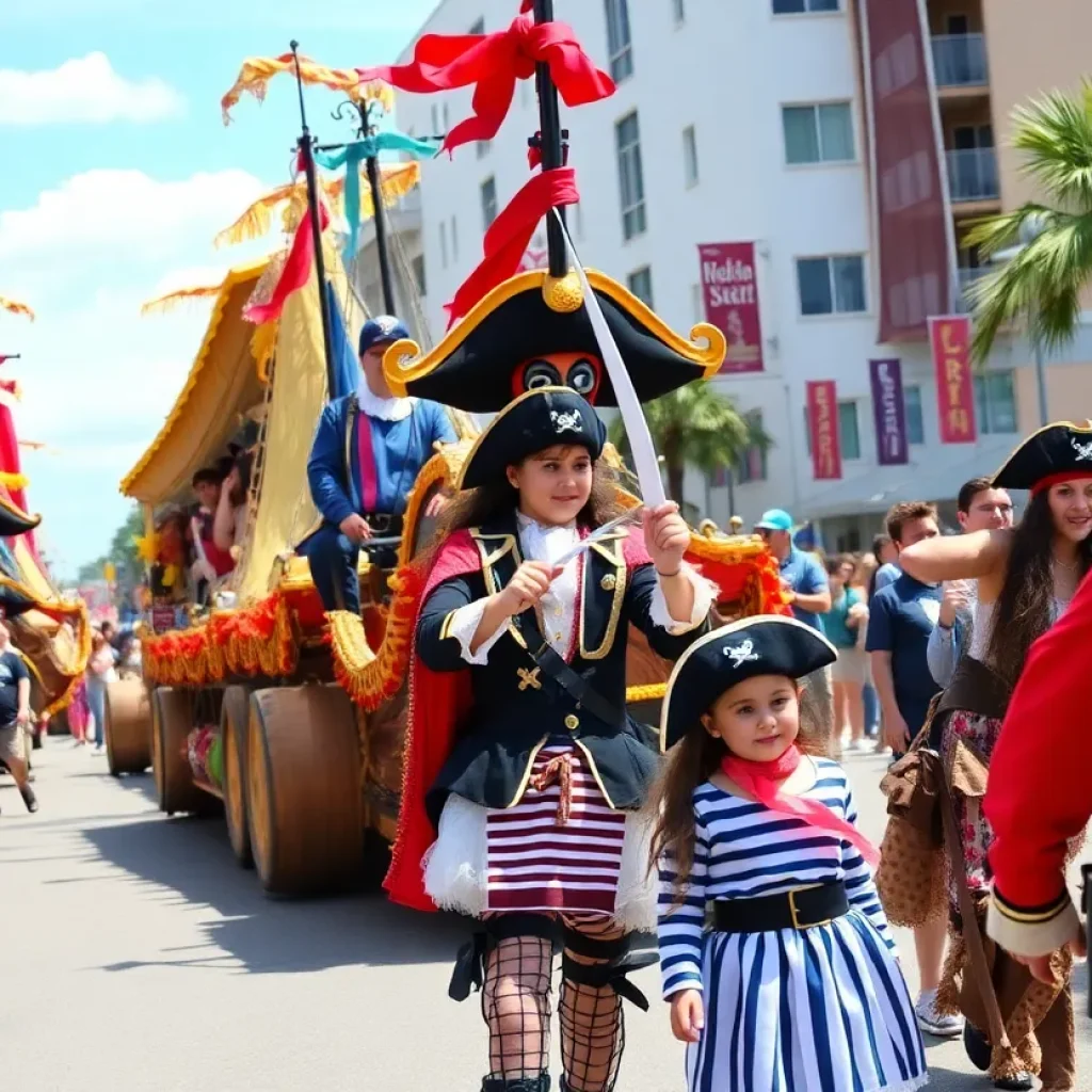 Colorful floats and pirates celebrating Gasparilla in Tampa