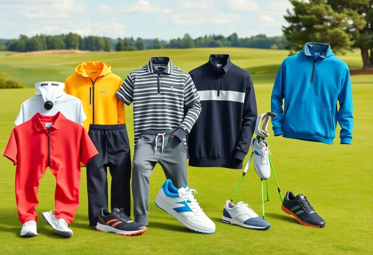 Golfers wearing fashionable apparel and shoes on a sunny golf course