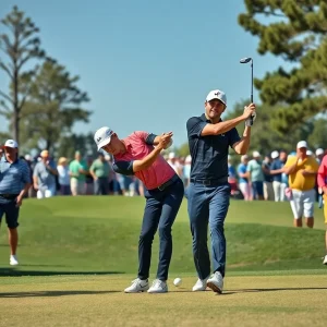 Golf players competing in a tournament with vibrant surroundings.