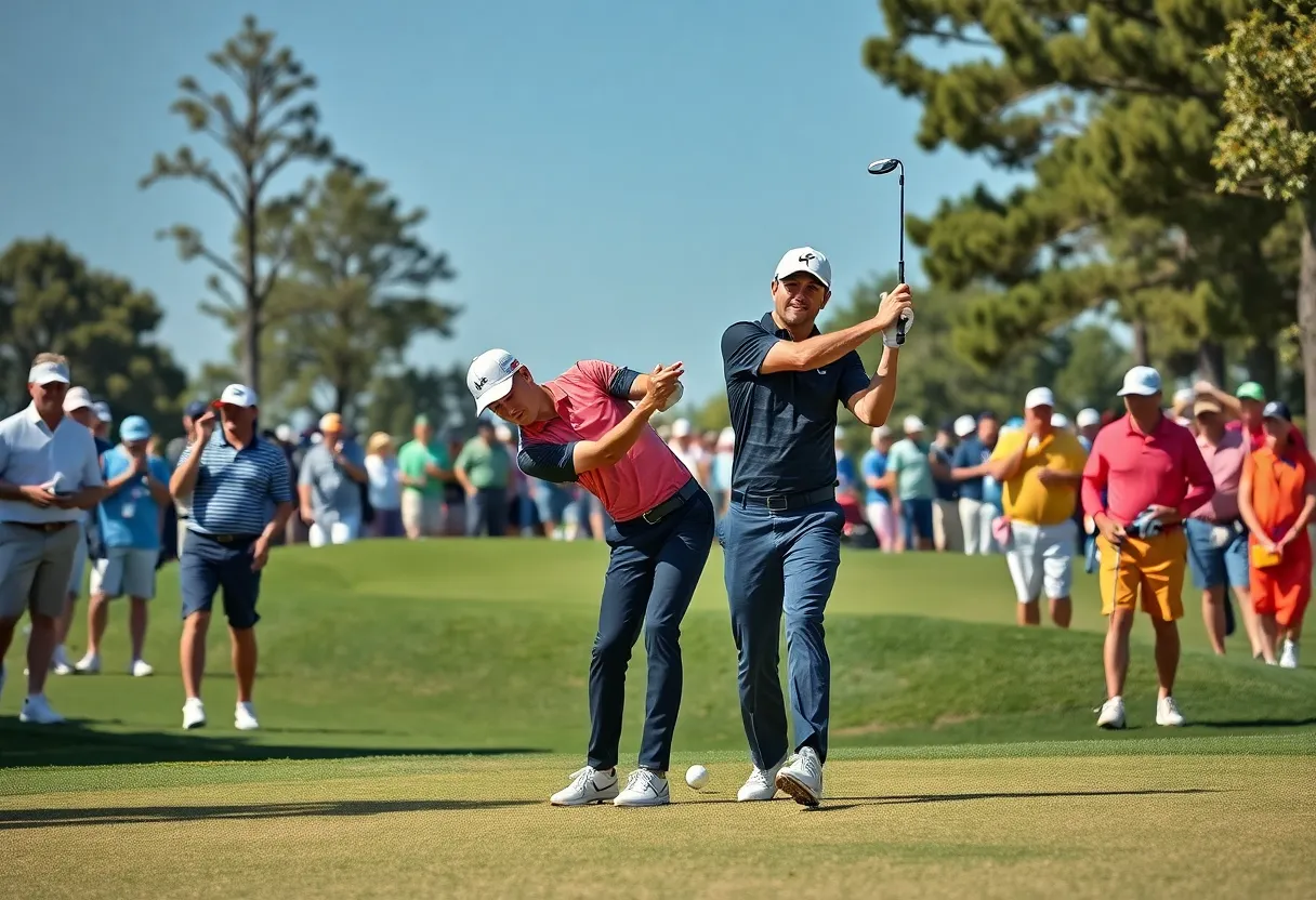 Golf players competing in a tournament with vibrant surroundings.