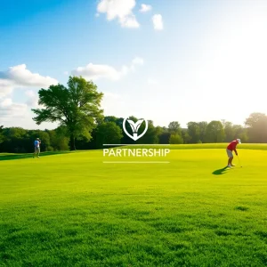 Golfers enjoying a scenic golf course under blue skies.