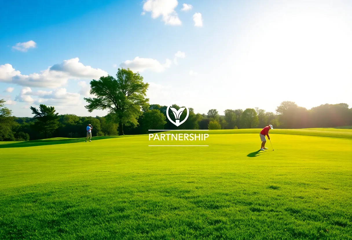 Golfers enjoying a scenic golf course under blue skies.