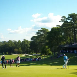 Golfers practicing on a sunny golf course