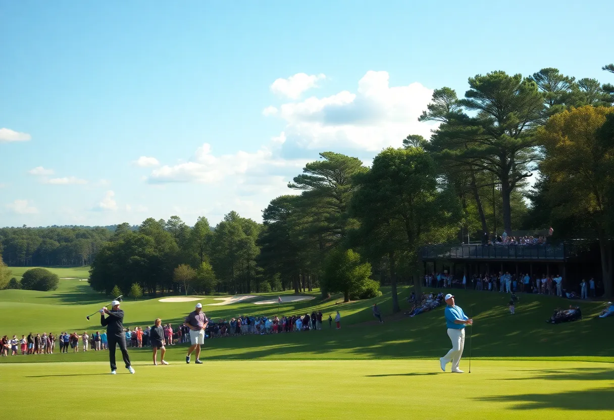 Golfers practicing on a sunny golf course