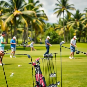 Showcase of new golf equipment on a green lawn