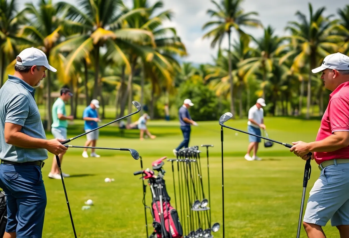 Showcase of new golf equipment on a green lawn