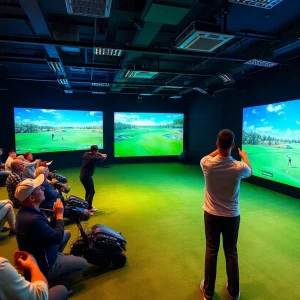 Teams competing in a virtual golf tournament using GOLFZON simulators.