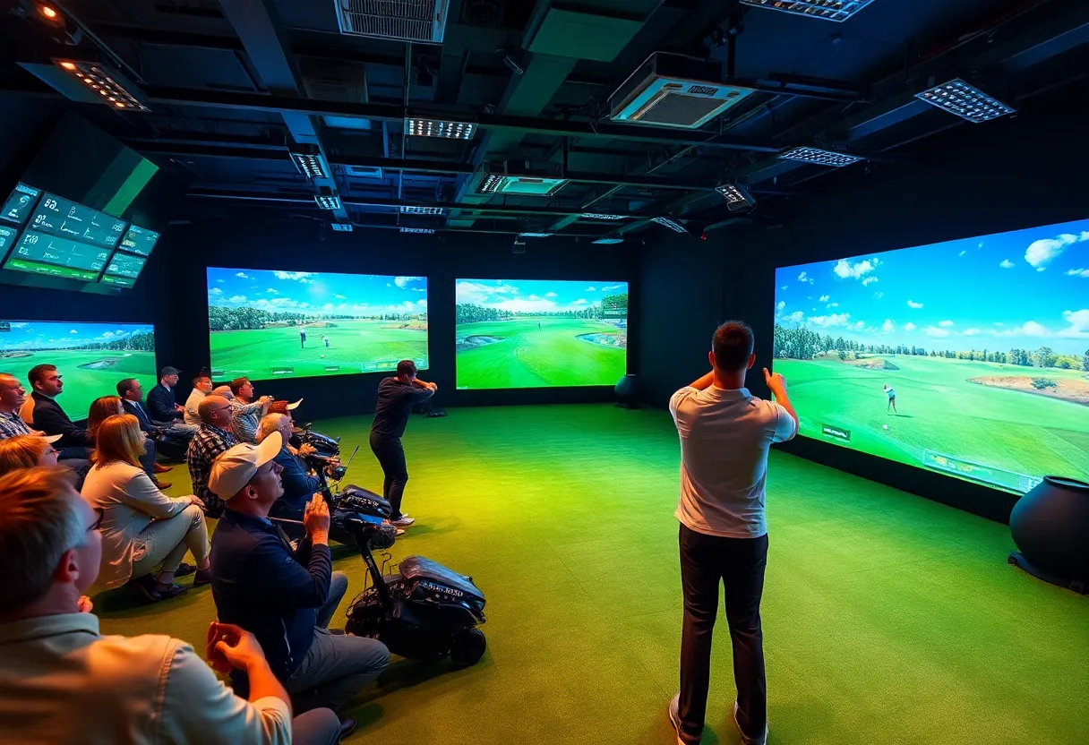 Teams competing in a virtual golf tournament using GOLFZON simulators.