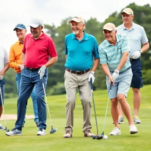 A diverse group of golfers playing at a lush golf course.