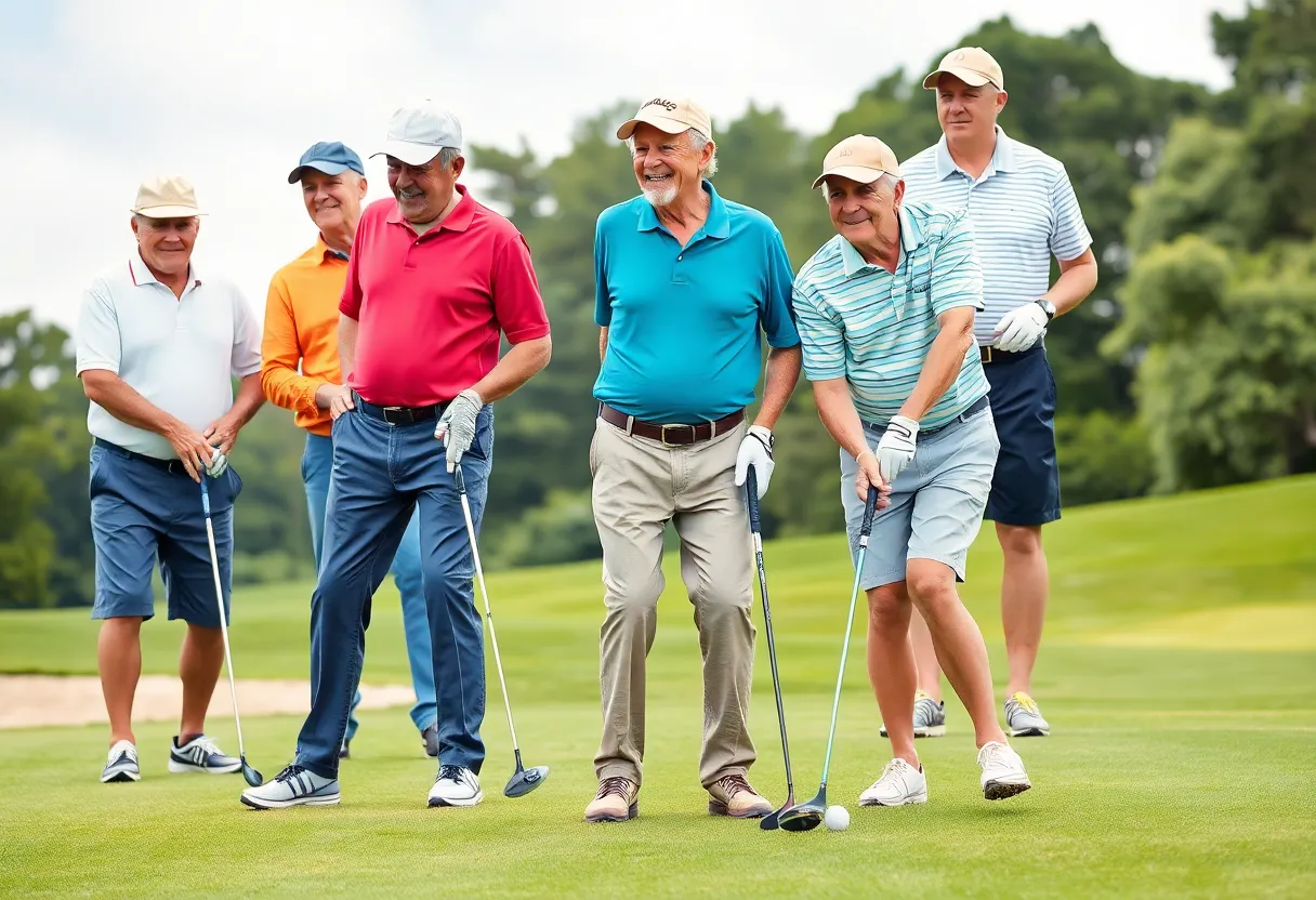 A diverse group of golfers playing at a lush golf course.