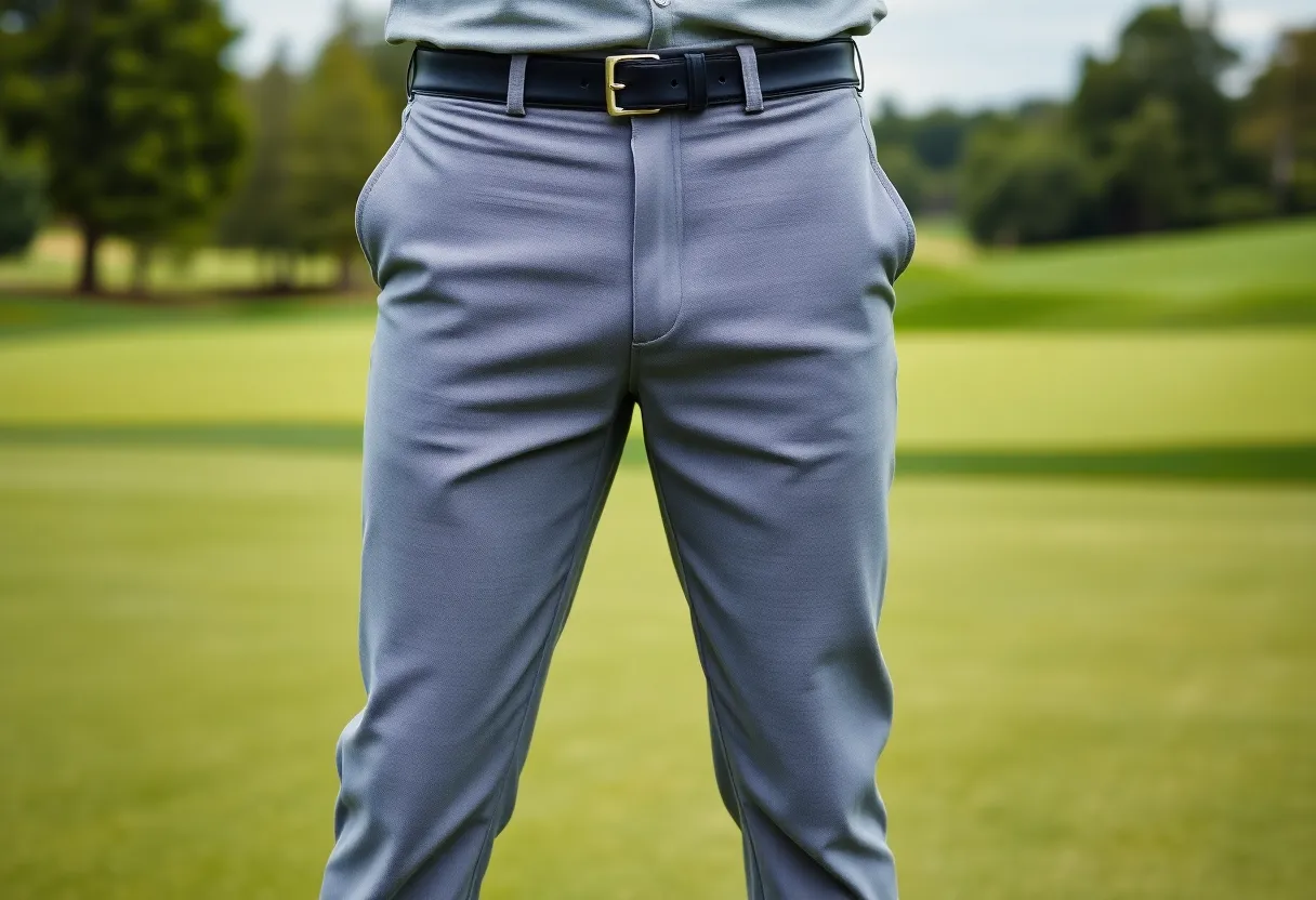 A collection of different styles of golf pants displayed in a store.