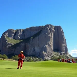 Emergency responders aiding stranded golfers at a quarry