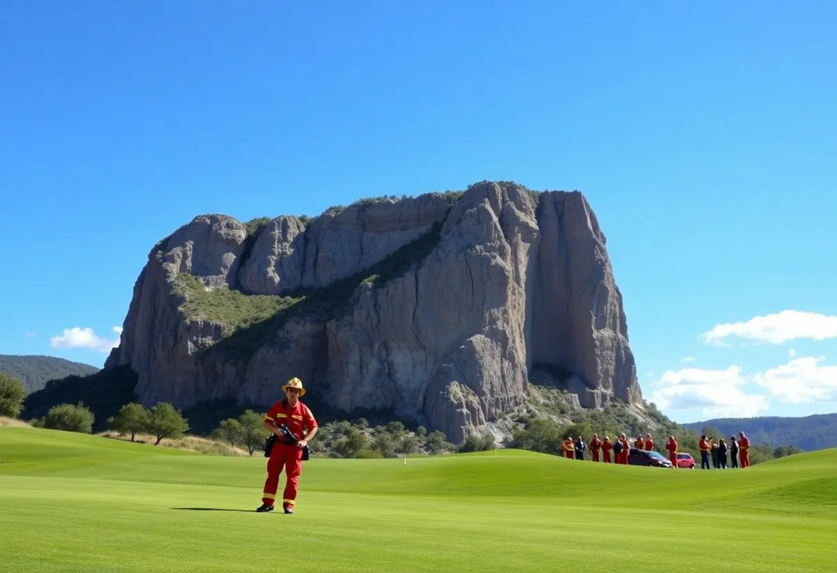 Emergency responders aiding stranded golfers at a quarry