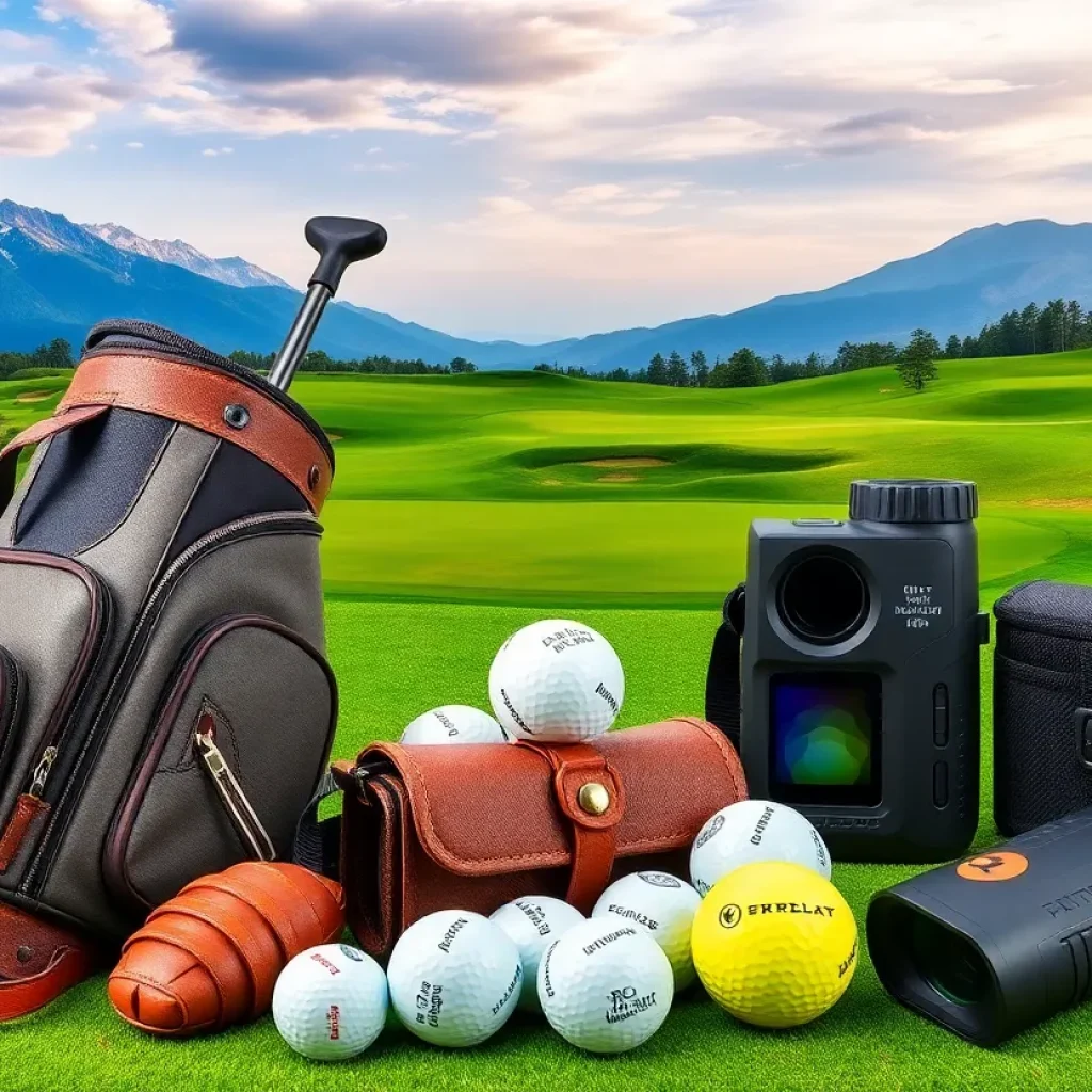 Flat lay of golf-themed travel gifts including bags, balls, and accessories