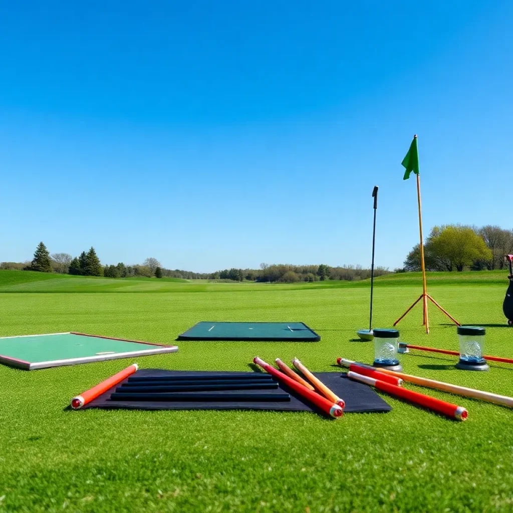 Variety of golf training aids on a golf course