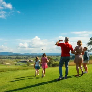 Golfers playing on a lush green course with non-golfers enjoying outdoor activities nearby.