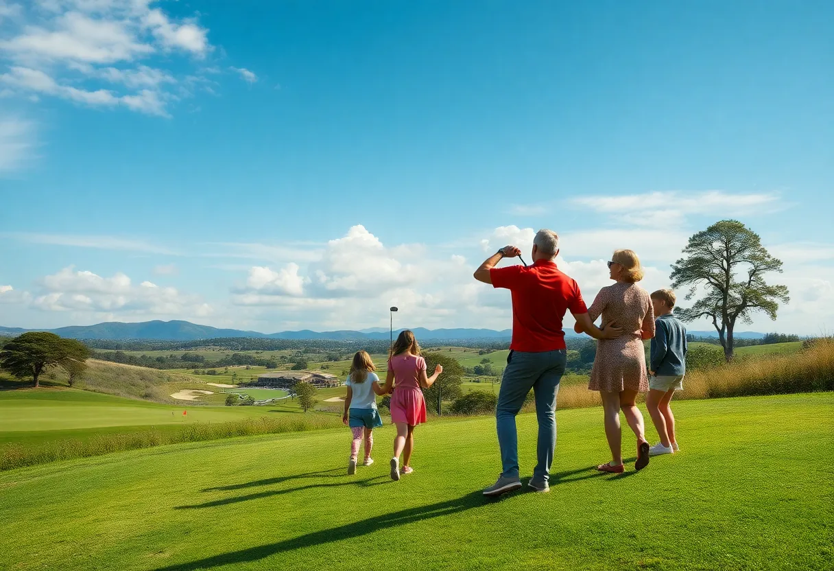 Golfers playing on a lush green course with non-golfers enjoying outdoor activities nearby.