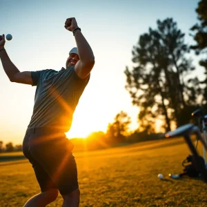 Golf ball soaring over a scenic golf course