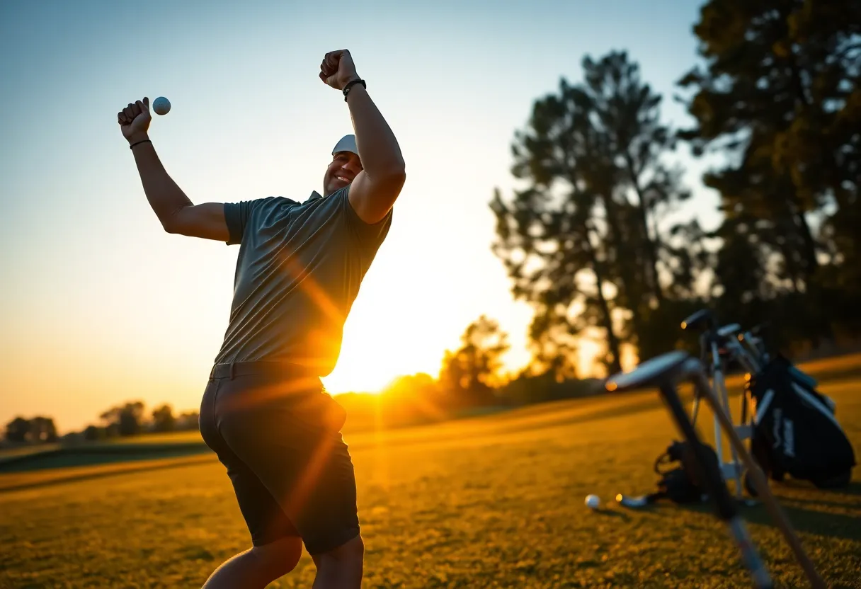 Golf ball soaring over a scenic golf course