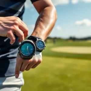 Collection of stylish GPS golf watches on a golf course