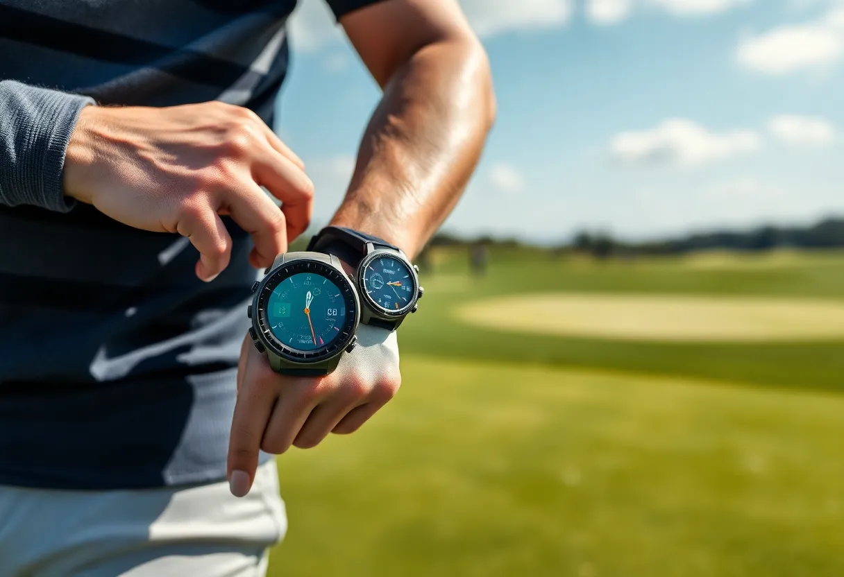 Collection of stylish GPS golf watches on a golf course