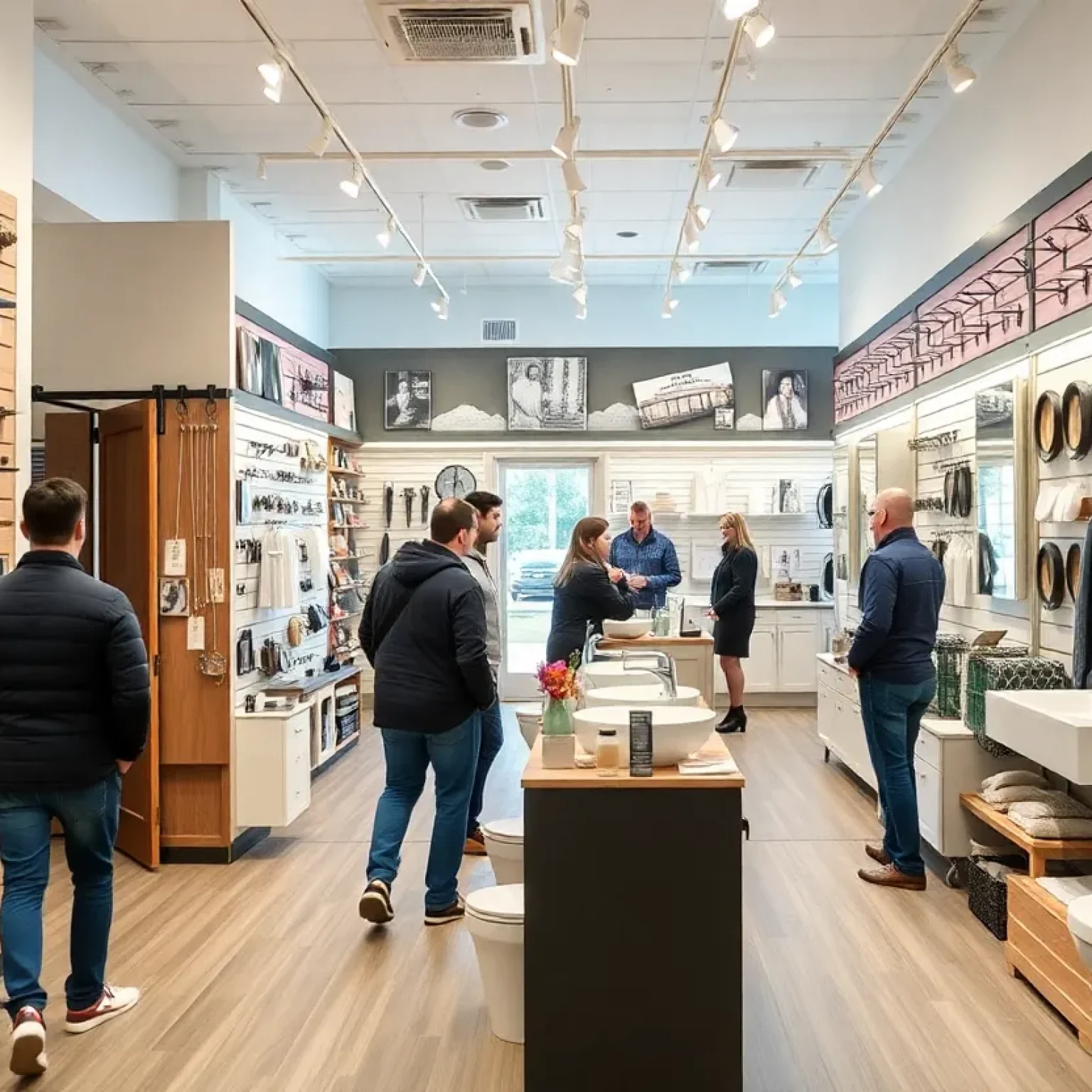 A display of high-quality door and bathroom hardware products in a bright hardware store.