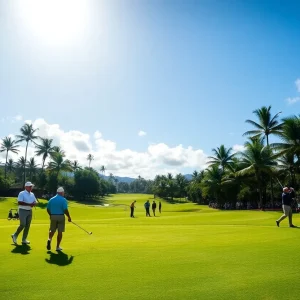 Scenic view of a golf course in Hawaii during sunset