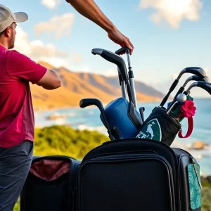 Traveler checking in golf clubs with Hawaiian Airlines at the airport