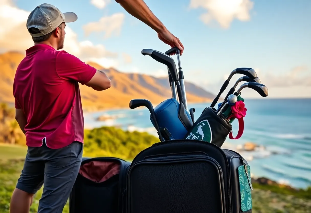 Traveler checking in golf clubs with Hawaiian Airlines at the airport