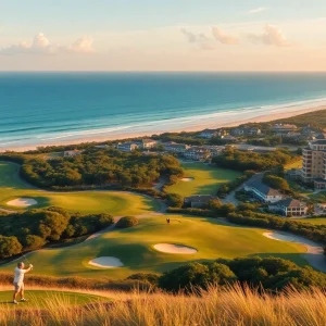 A beautiful golf course on Hilton Head Island with vibrant greens and ocean in the background