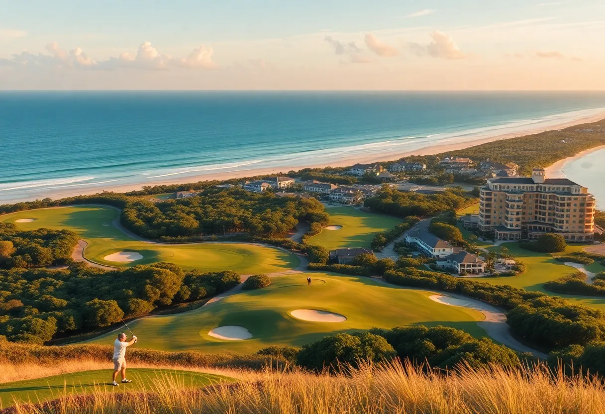 A beautiful golf course on Hilton Head Island with vibrant greens and ocean in the background