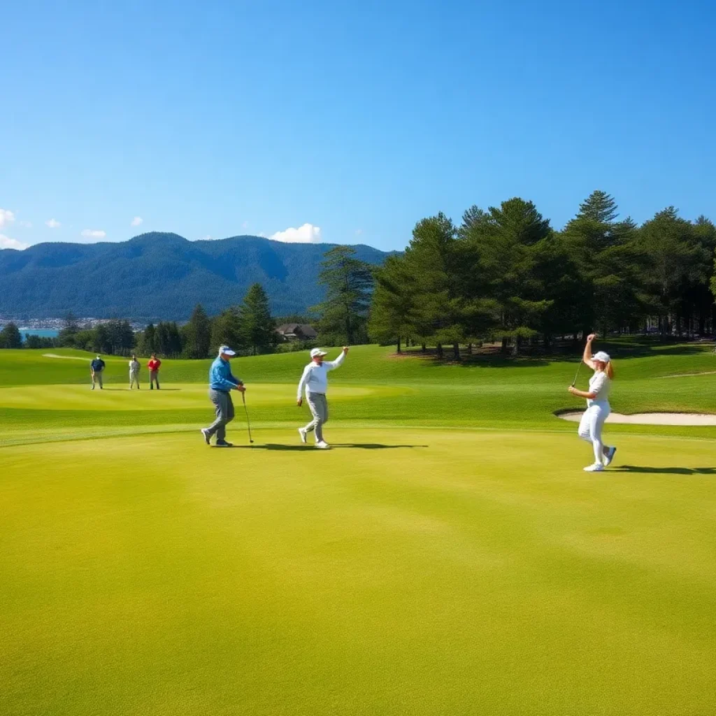 Golf ball falling into hole at Pebble Beach with cheering spectators