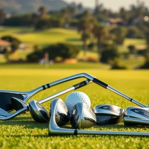 Premium golf clubs displayed on a golf course