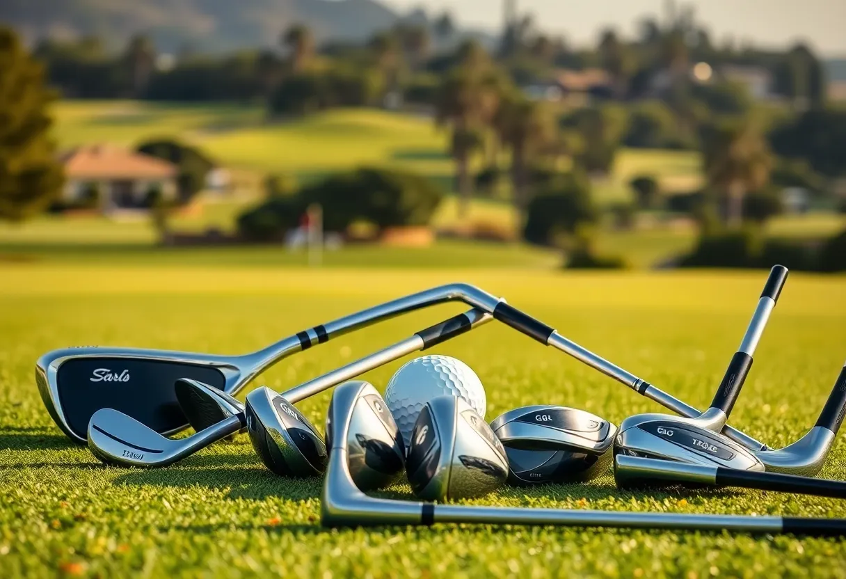 Premium golf clubs displayed on a golf course