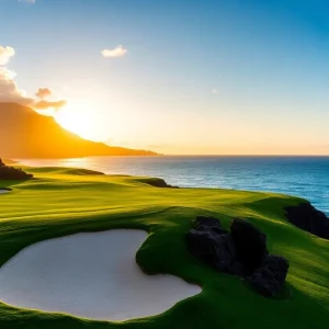 Landscape view of Hualalai Golf Course with emerald fairways and Pacific blue waters