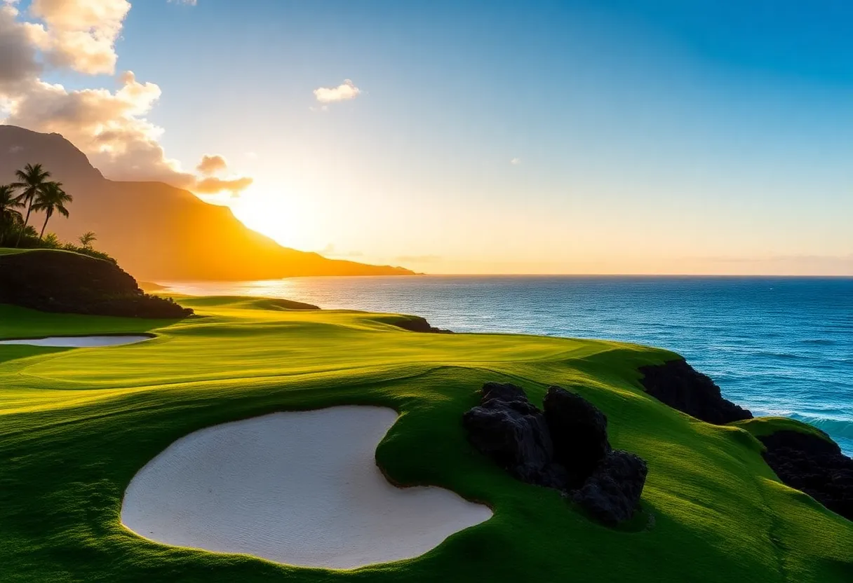 Landscape view of Hualalai Golf Course with emerald fairways and Pacific blue waters