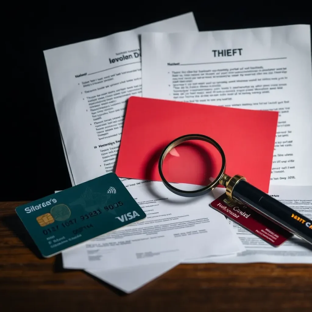 Illustration representing identity theft involving stolen documents and credit cards.