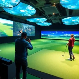 Exciting indoor golf event with players and spectators