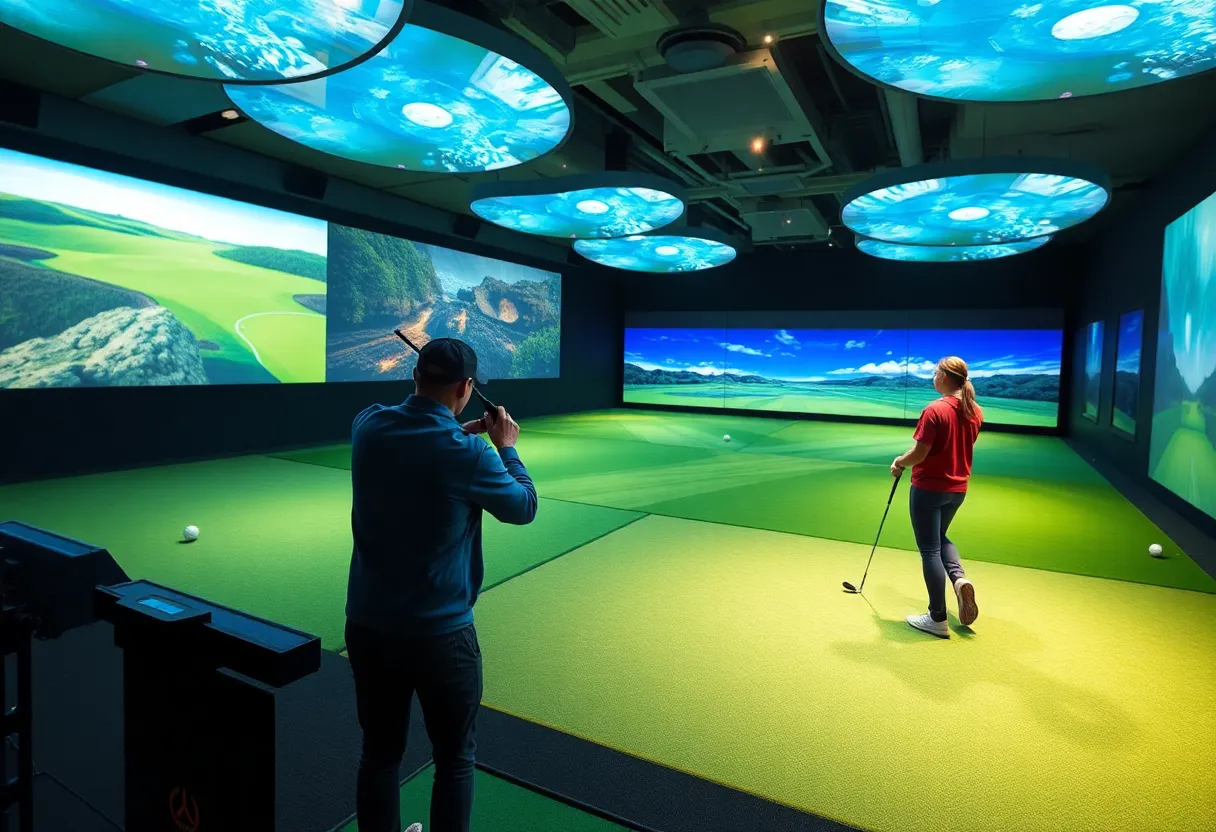 Exciting indoor golf event with players and spectators