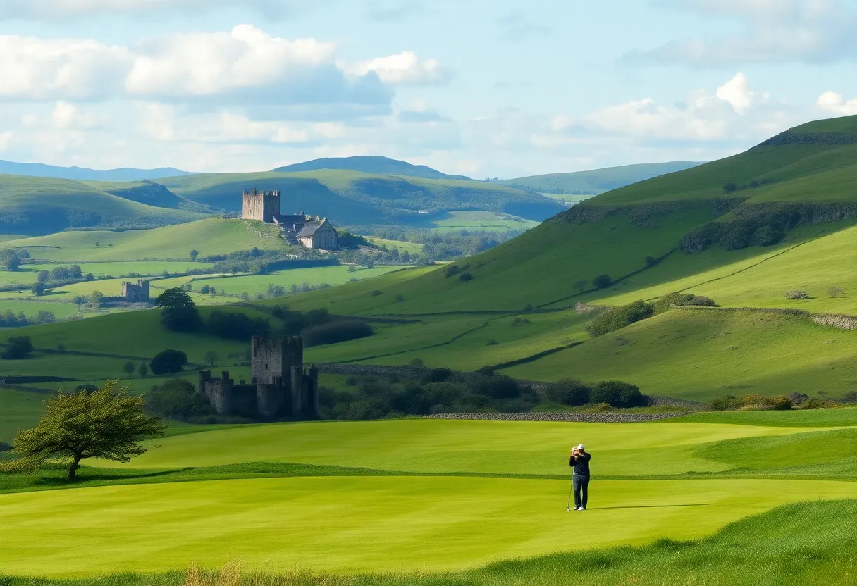 Scenic Irish golf course with rolling hills