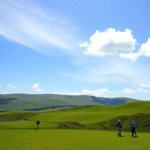 A golfing scene in Ireland featuring lush landscapes and sunny weather.