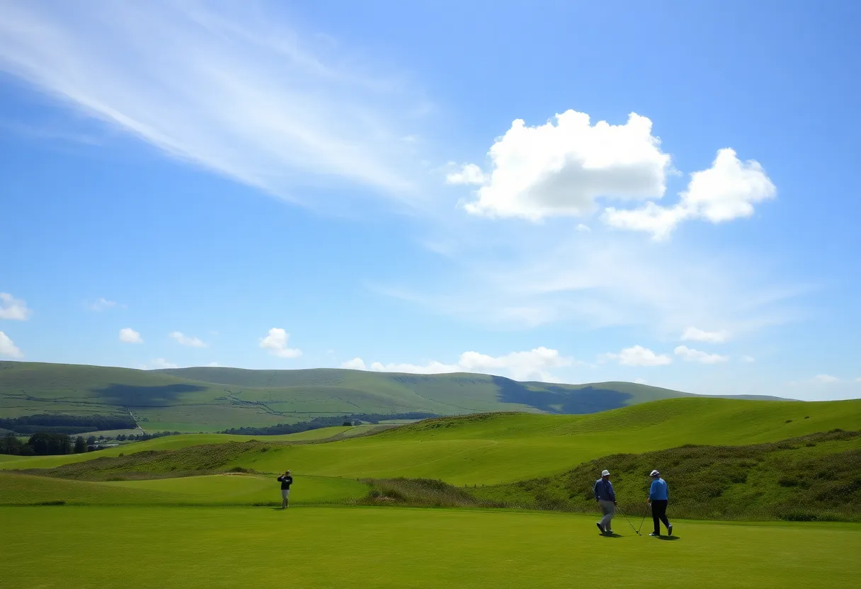 A golfing scene in Ireland featuring lush landscapes and sunny weather.